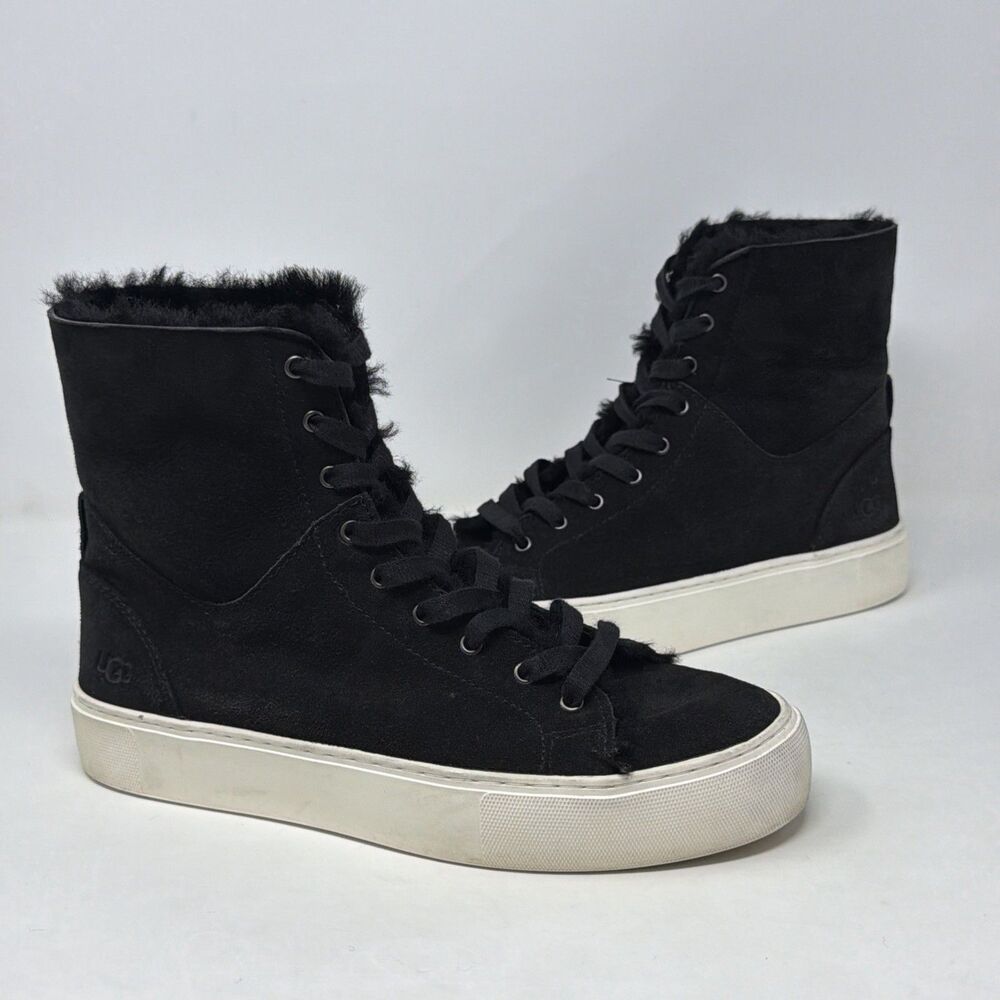 UGG Beven High Top Sneakers Women 8.5 Black Suede Sheepskin Lace Up 1104070
